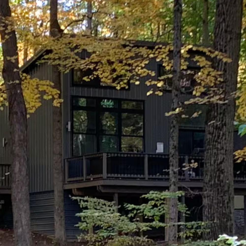 A modern cabin with large windows and a deck is nestled among tall trees with autumn leaves in a forest setting.
